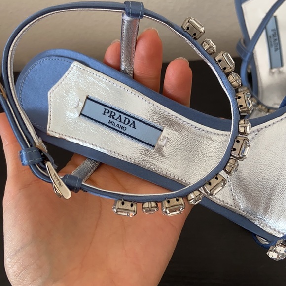 NIB Prada Satin Blue Ribbon Jeweled Gem Embellished Heeled Sandals - Picture 4 of 17